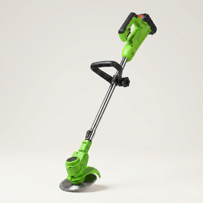 Green cordless grass trimmer on a plain background, telescopic shaft with an adjustable loop handle and a circular saw blade fitted to the head