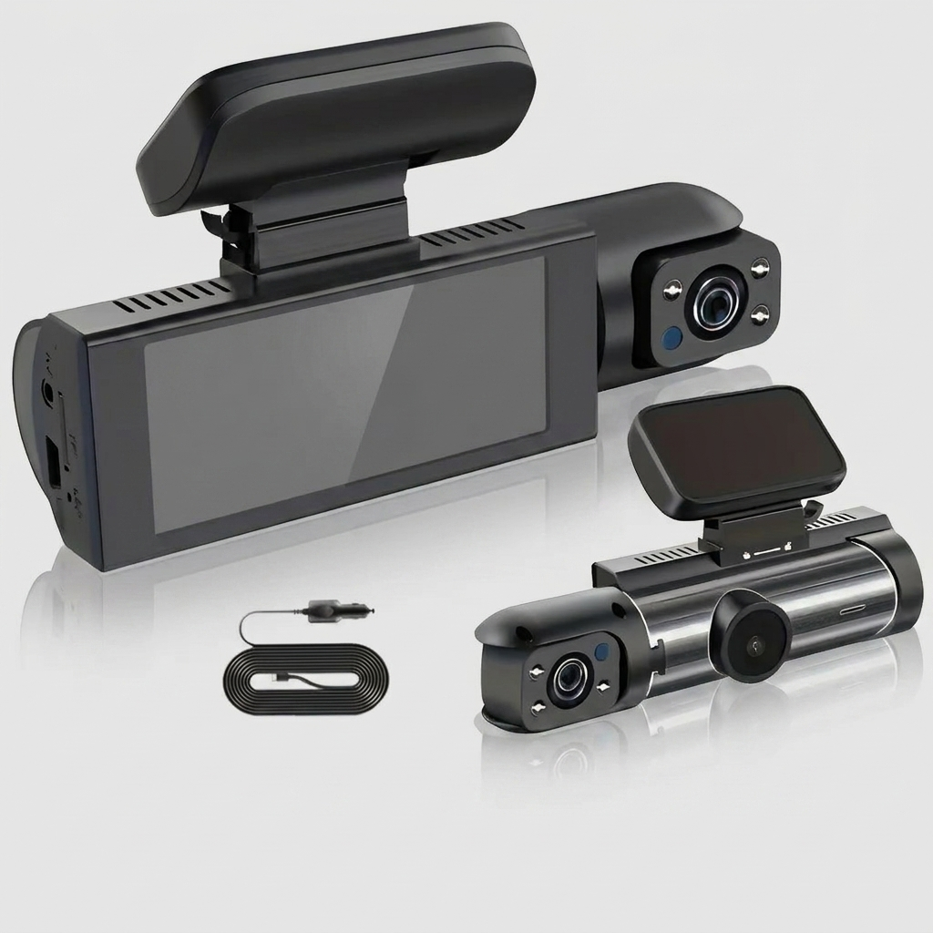 Dual camera dash cam and its second camera unit shown from a lower angle with the power cable