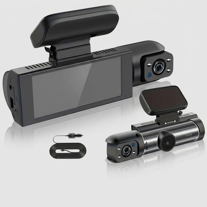 Dual camera dash cam and its second camera unit shown from a lower angle with the power cable