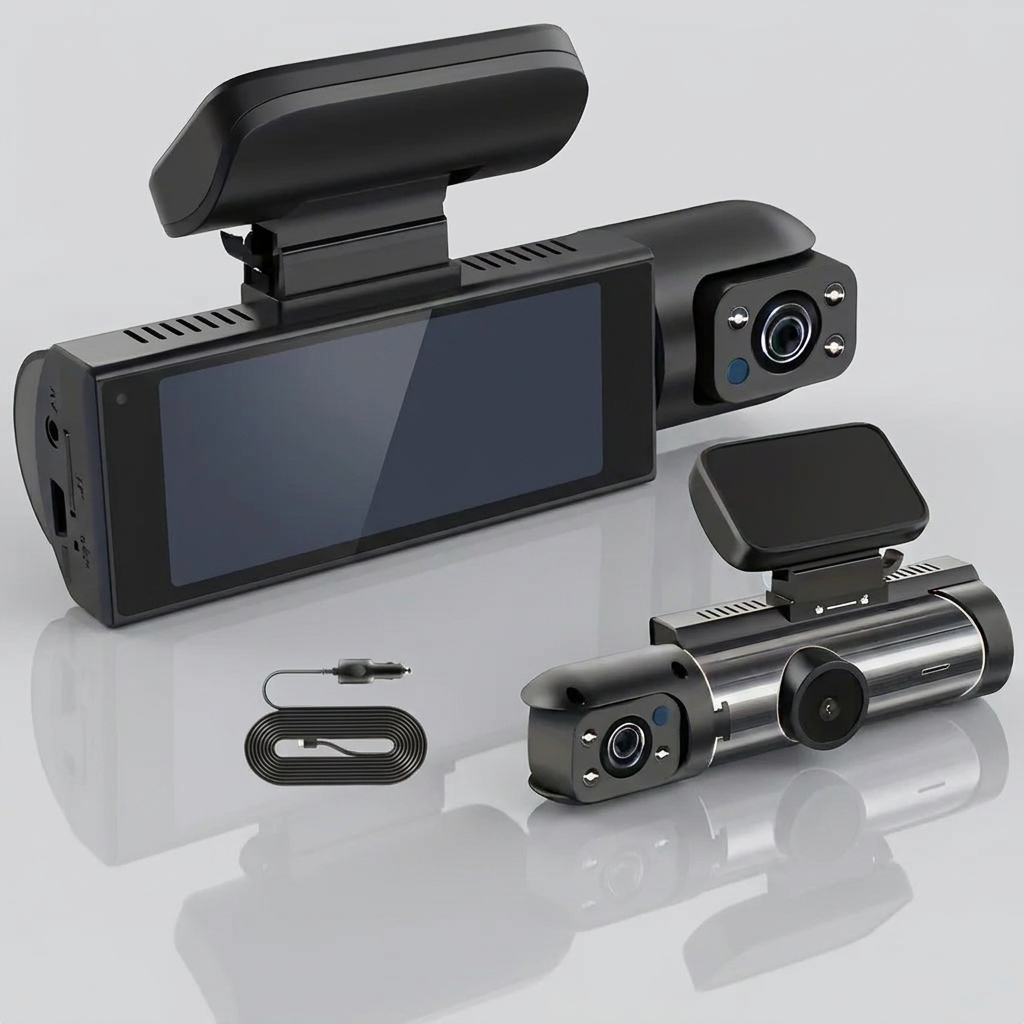 Dual camera dash cam front unit with mounting bracket, second camera unit and 12V power cable