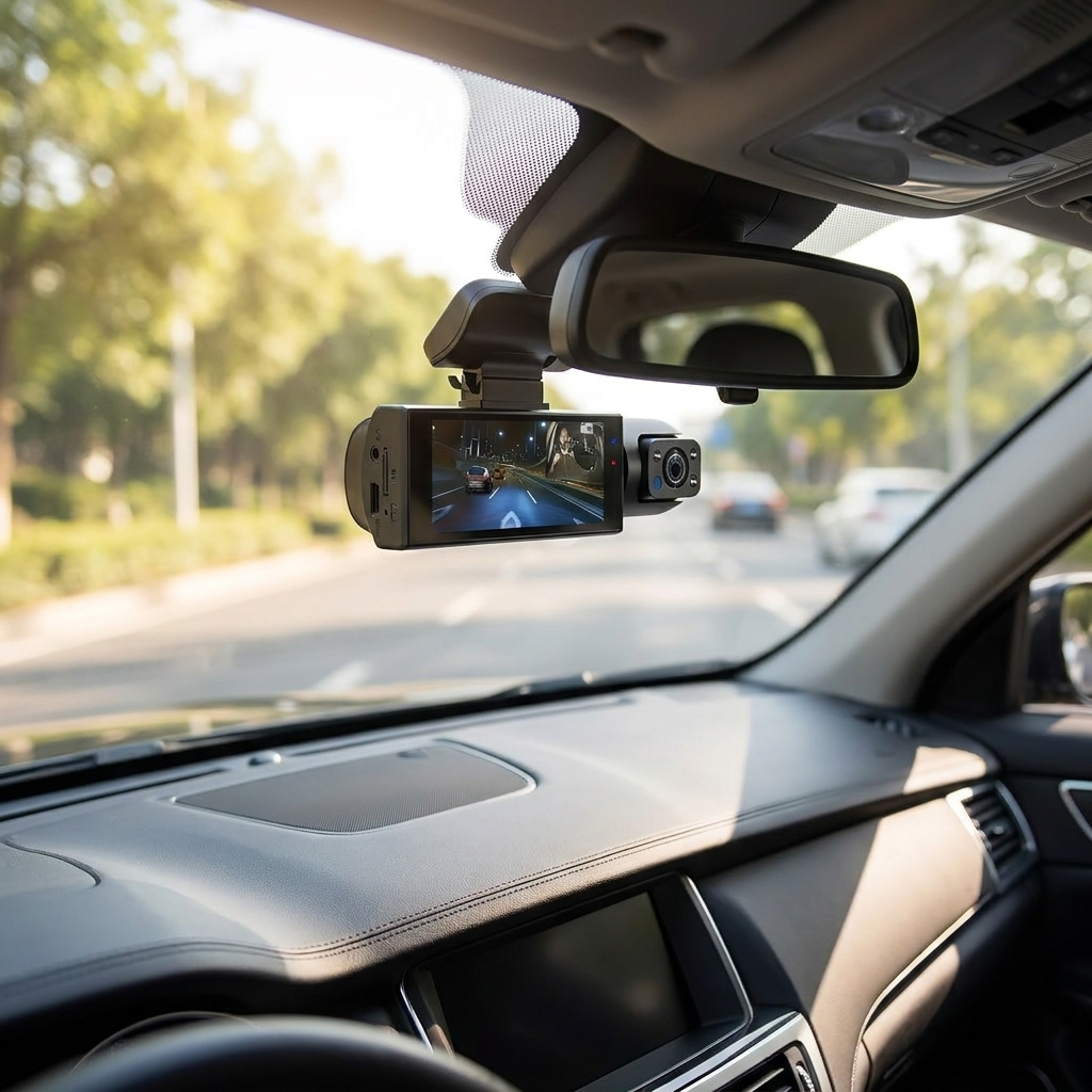 Dash cam mounted on a car windshield beside the rear-view mirror, screen showing the road ahead and the cabin