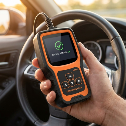 Hand holding the orange and black OBD2 code reader in front of a car steering wheel, screen showing a green tick and ENGINE STATUS: OK