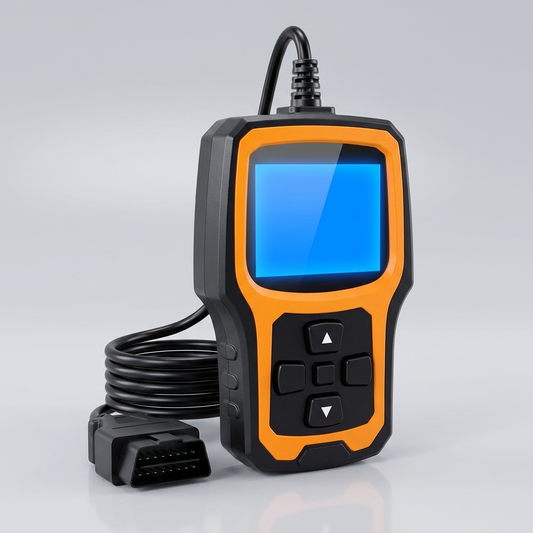 Orange and black handheld OBD2 engine code reader standing upright, cable coiled beside it with the OBD connector plug in view