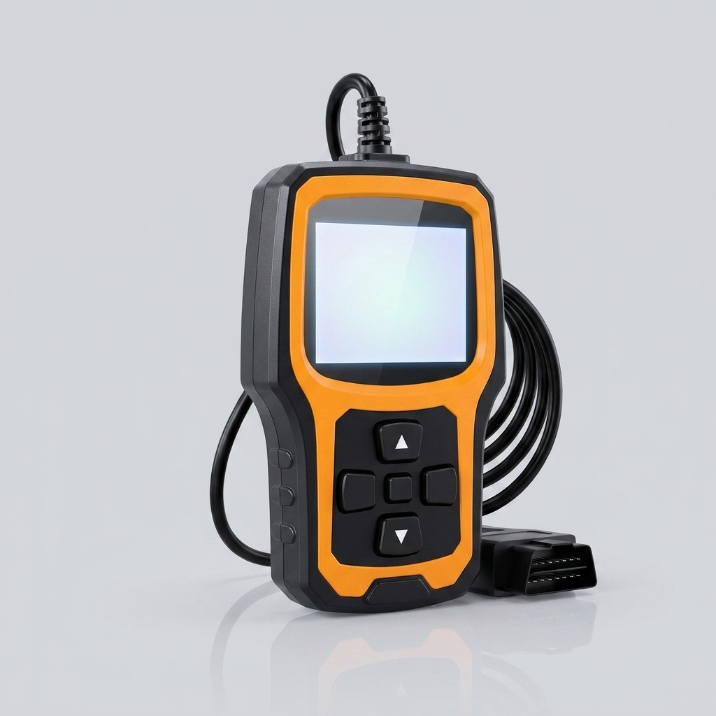 Orange and black OBD2 code reader seen from a three-quarter angle, cable coiled behind it and the connector plug resting to the side