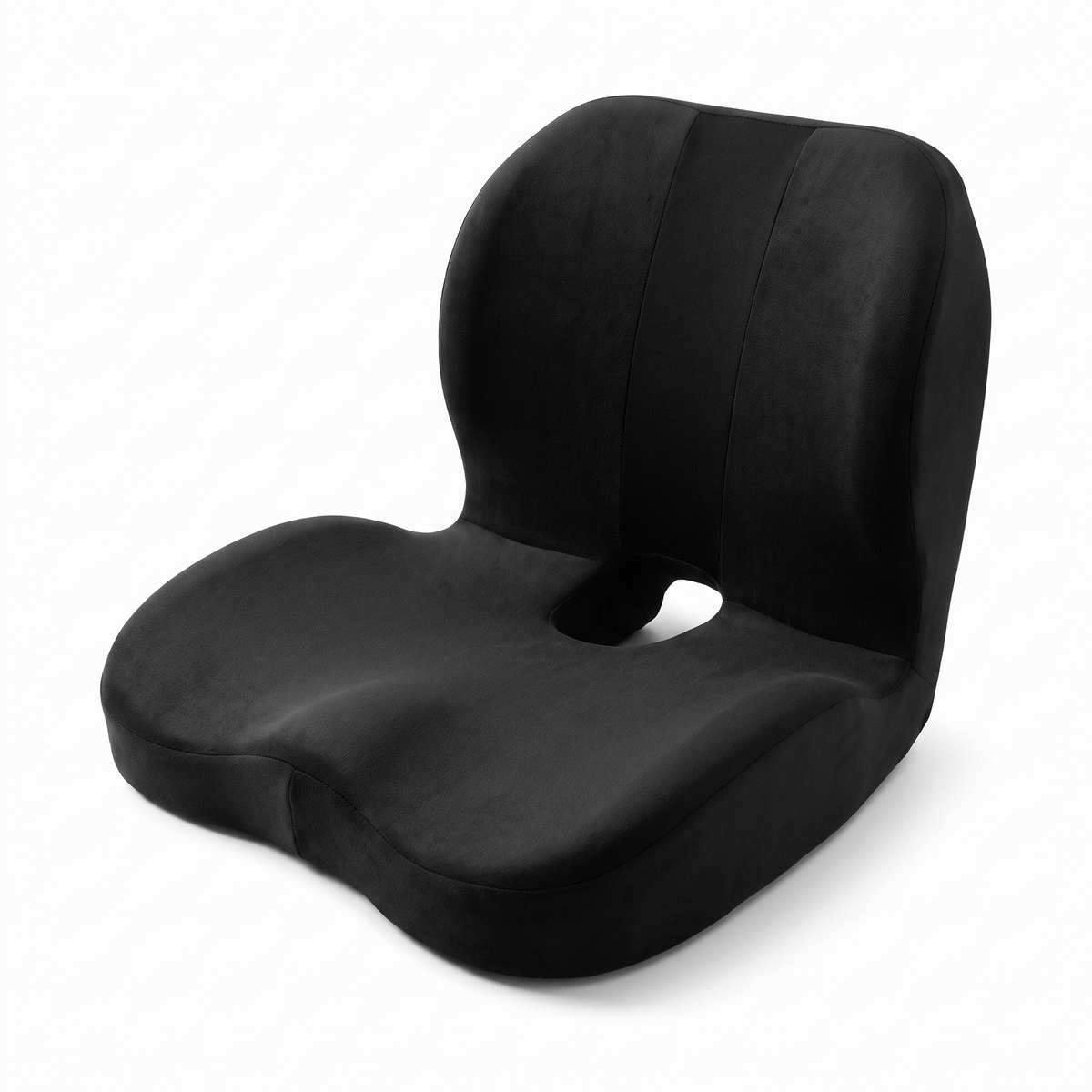 Black ergonomic memory foam seat cushion with integrated lumbar back support and tailbone cut-out