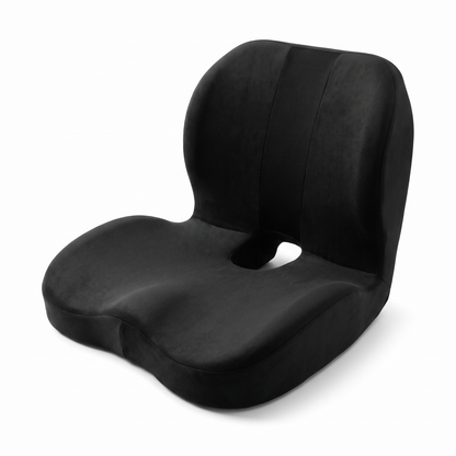 Black ergonomic memory foam seat cushion with integrated lumbar back support and tailbone cut-out