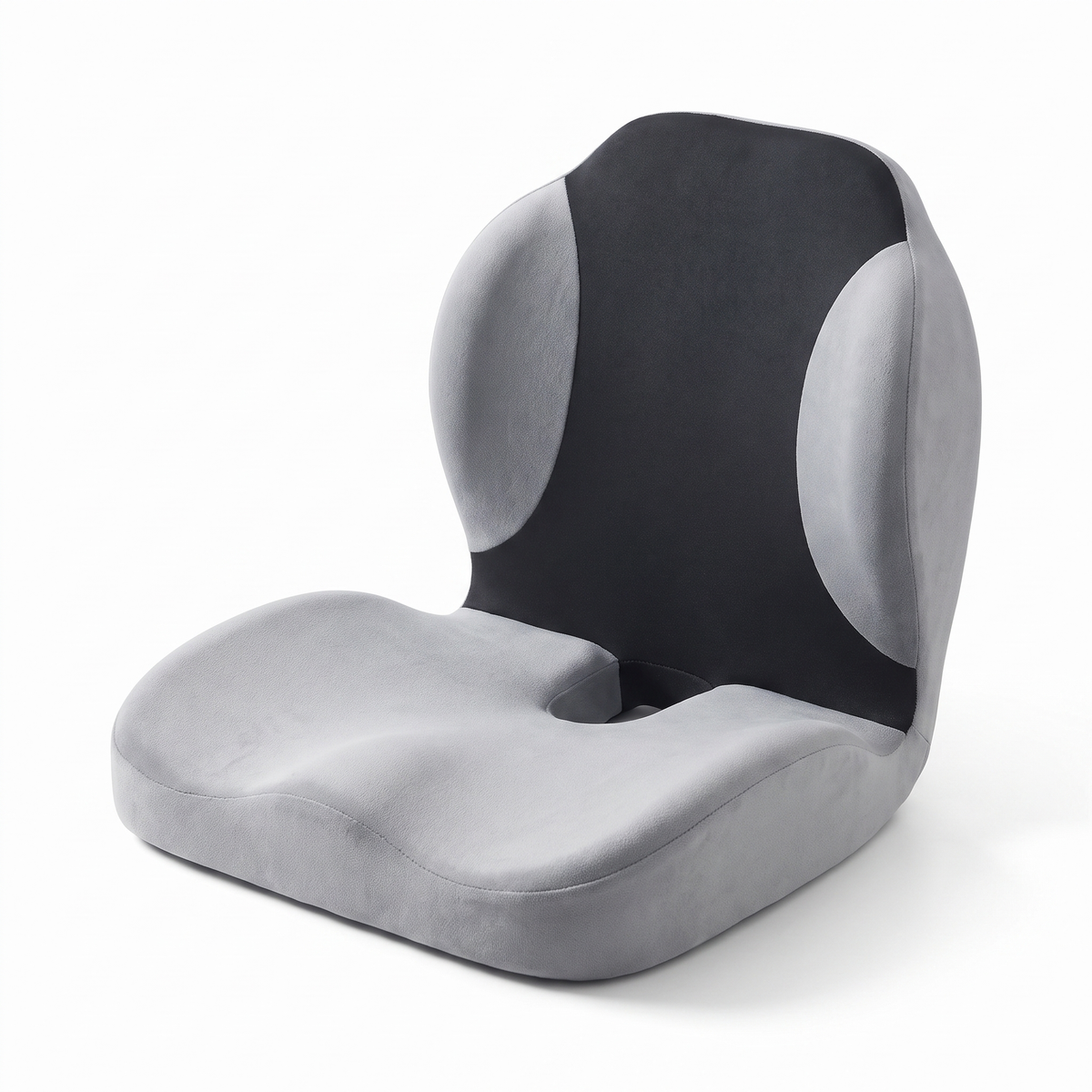 Grey ergonomic memory foam seat cushion with integrated lumbar back support and tailbone cut-out