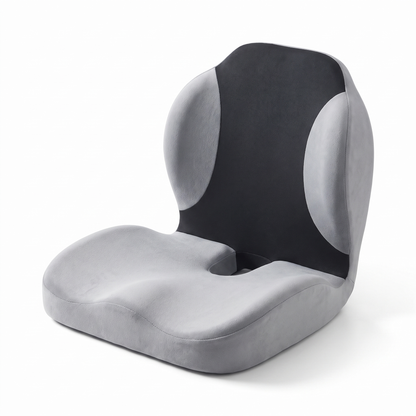 Grey ergonomic memory foam seat cushion with integrated lumbar back support and tailbone cut-out