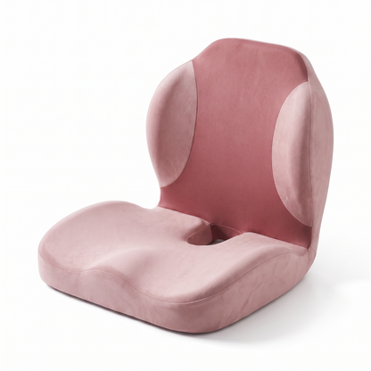 Pink ergonomic memory foam seat cushion with integrated lumbar back support and tailbone cut-out