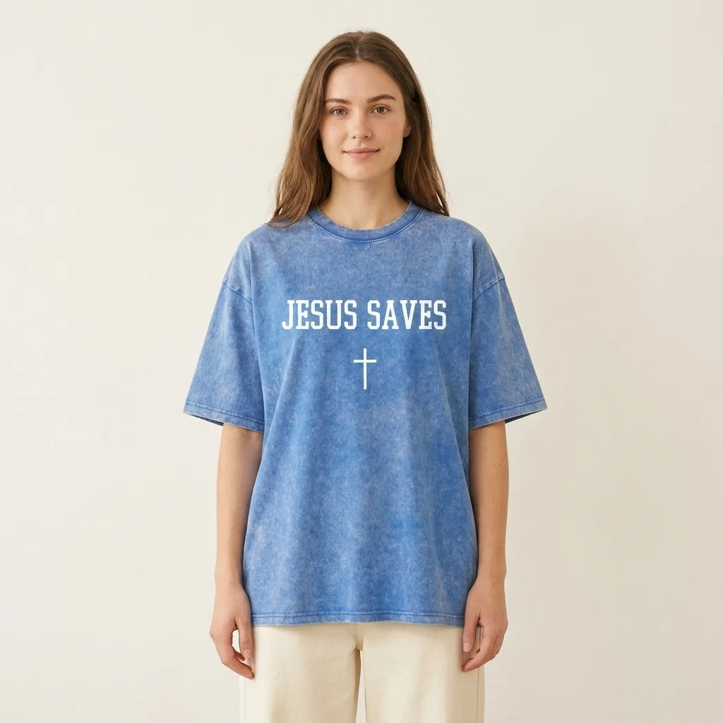 Jesus Saves tee in Washed Blue