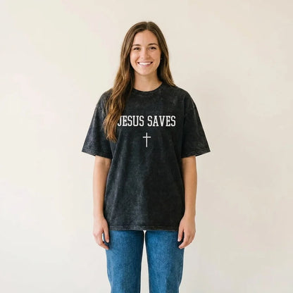 Jesus Saves tee in Charcoal