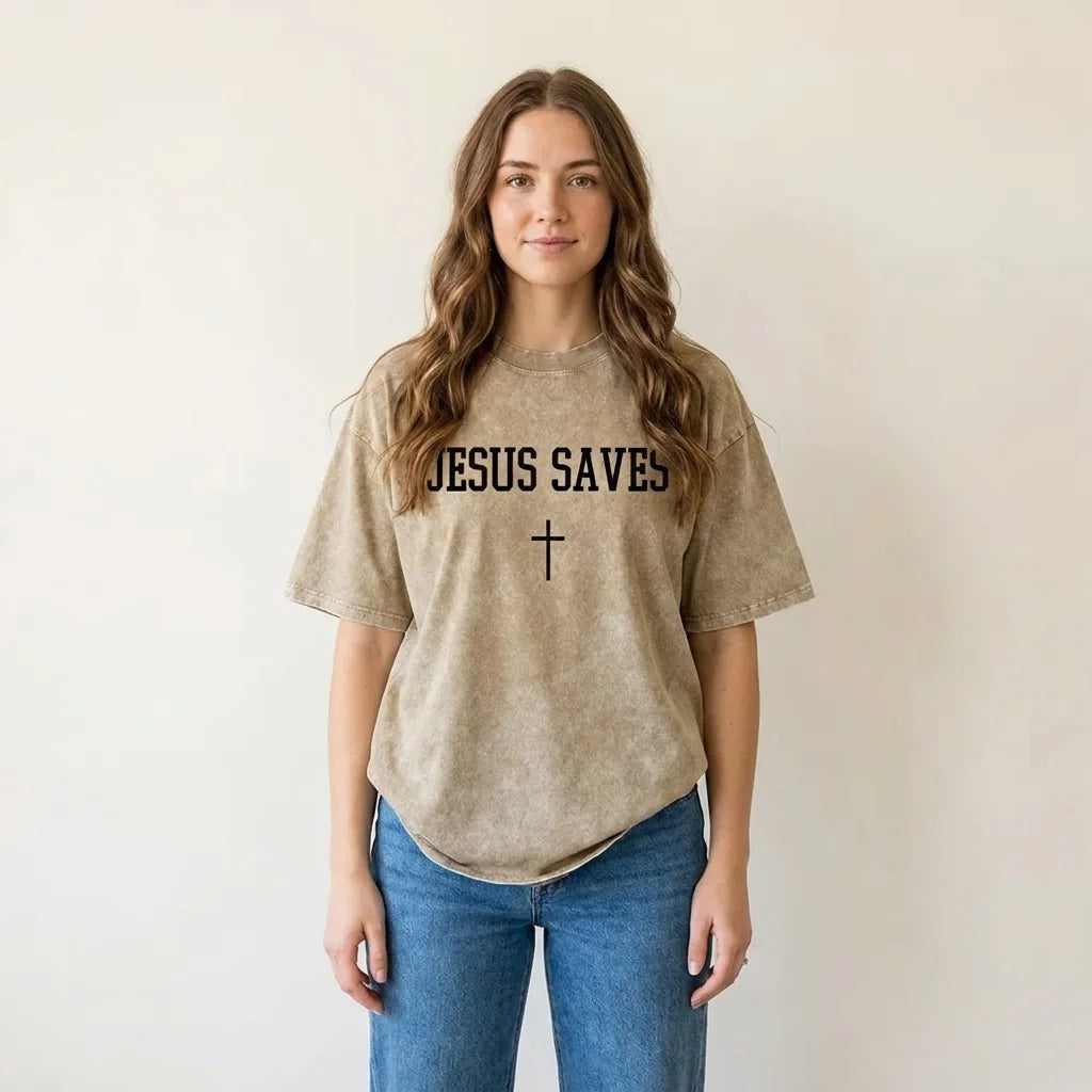 Jesus Saves tee in Khaki