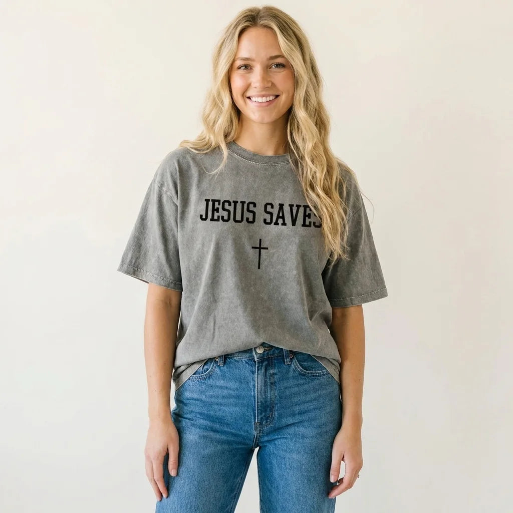Jesus Saves tee in Stone Grey