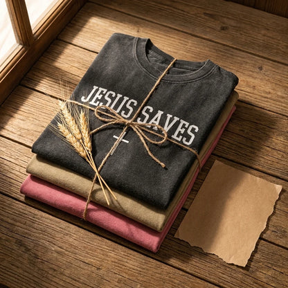 Jesus Saves tee folded stack in all five colours