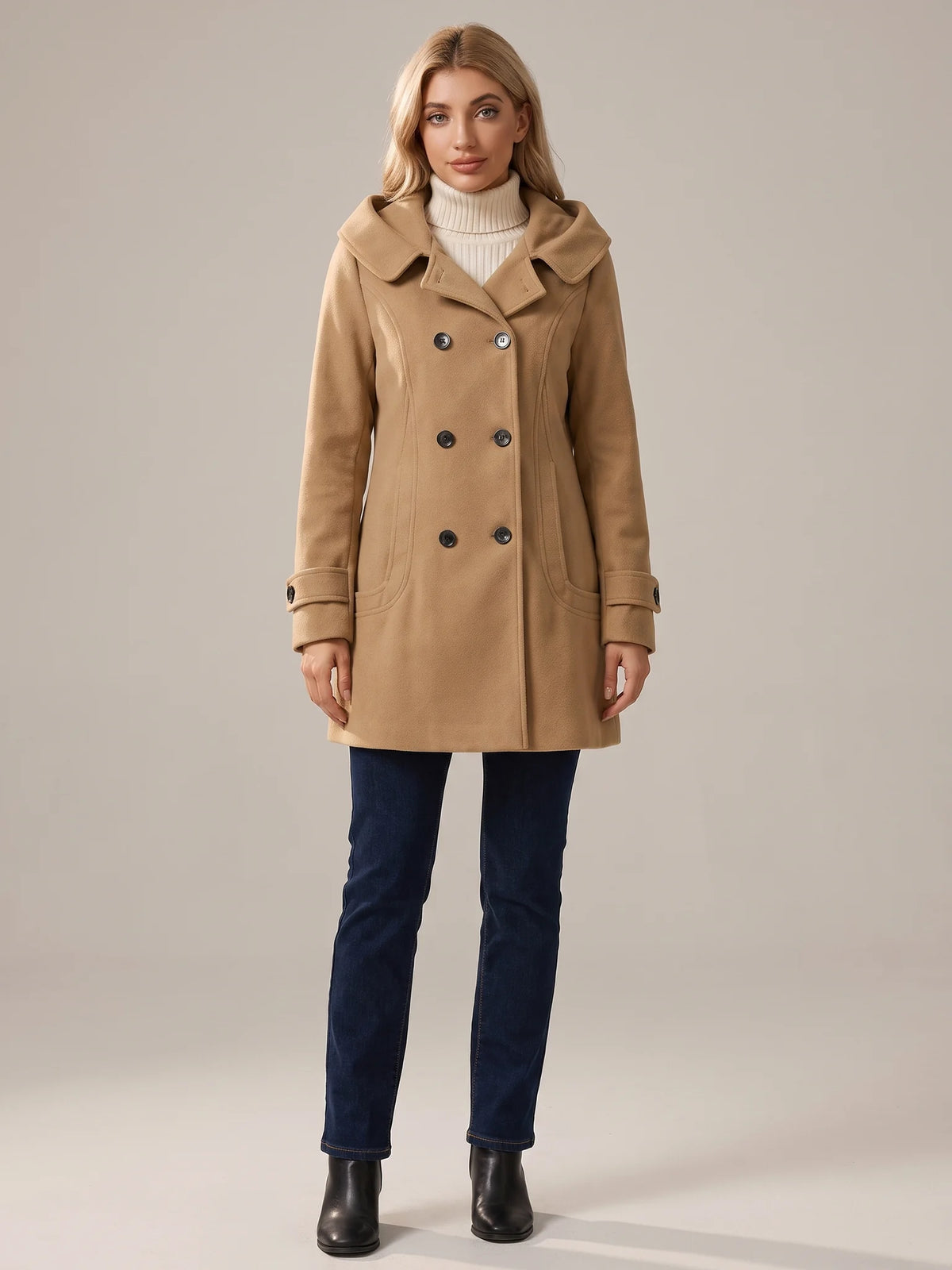 Camel hooded wool pea coat shown from the front on a model, buttoned, hood down