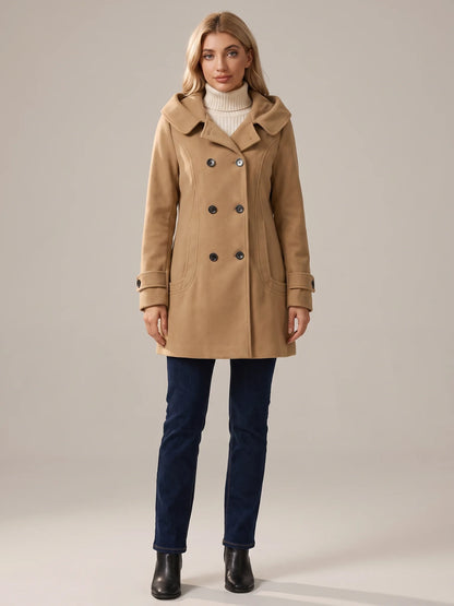 Camel hooded wool pea coat shown from the front on a model, buttoned, hood down
