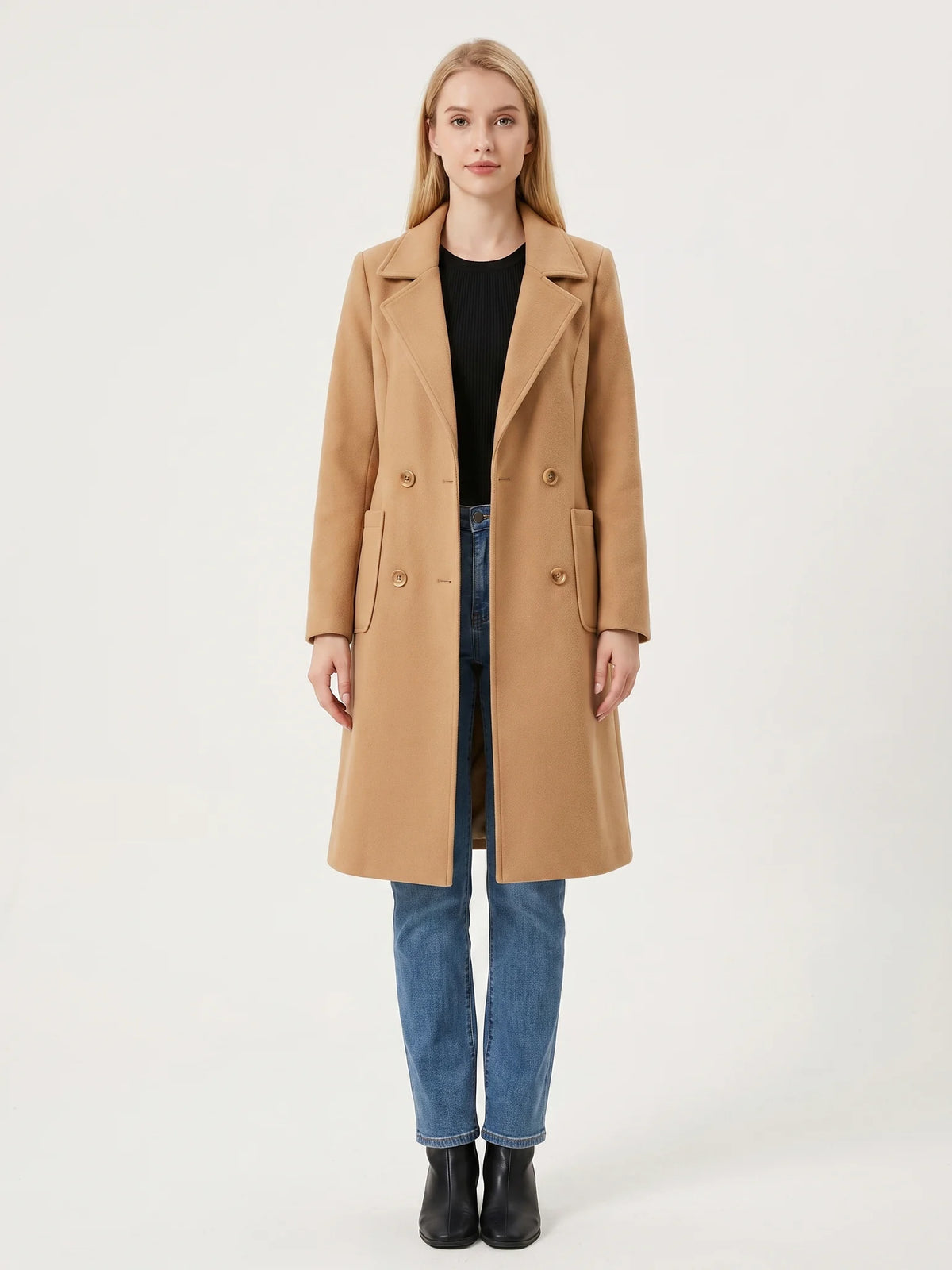 The Camel wool-blend coat worn open on a model, photographed from the front in a studio