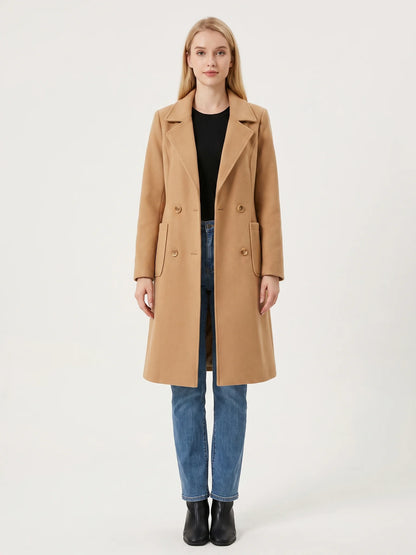 The Camel wool-blend coat worn open on a model, photographed from the front in a studio