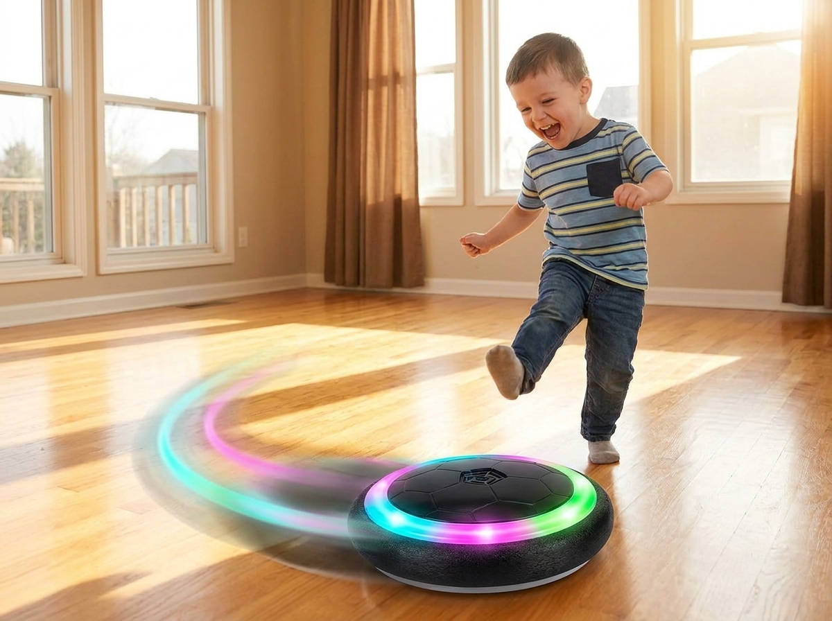 Young boy kicking the glowing hover ball across a wooden living-room floor