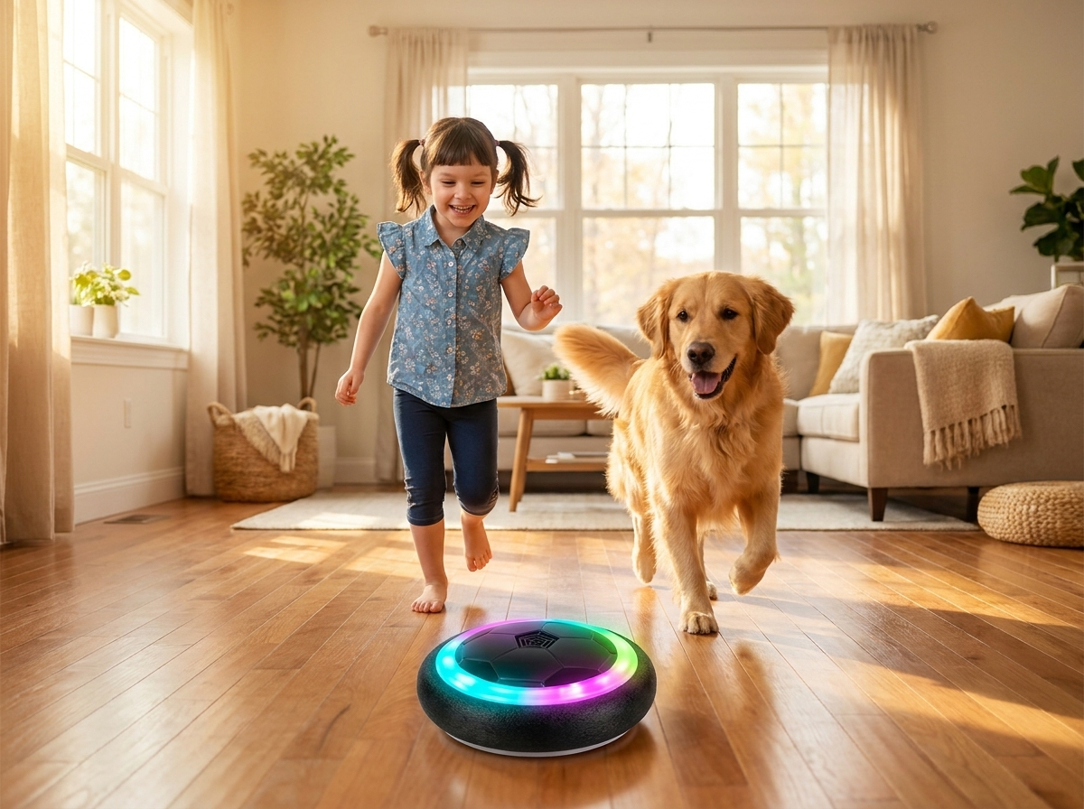 Girl and a golden retriever chasing the glowing hover ball indoors