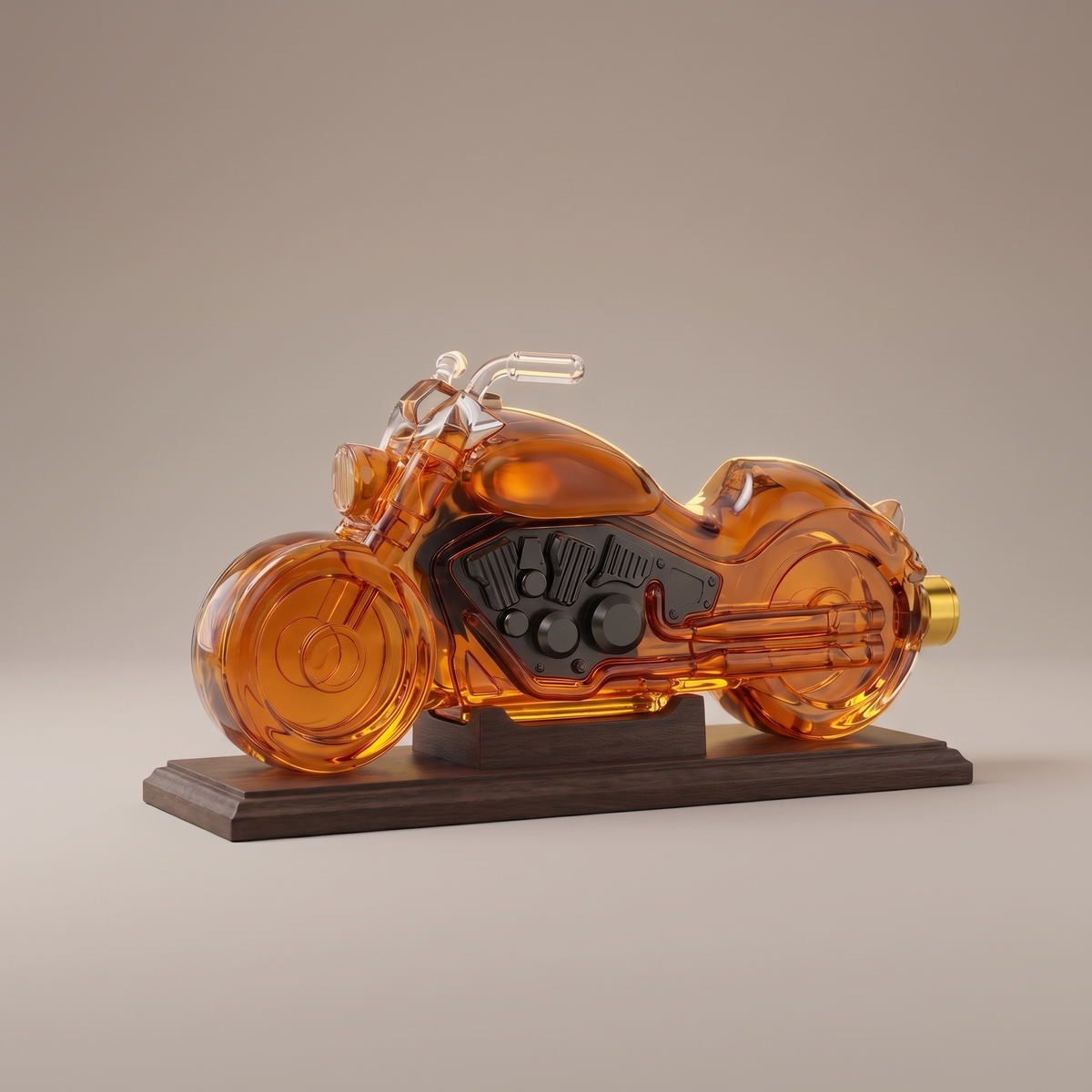 Amber glass motorcycle-shaped whiskey decanter on a dark wooden display stand