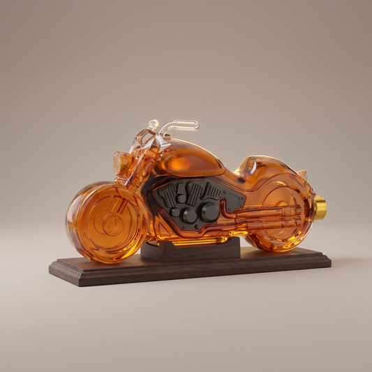 Amber glass motorcycle-shaped whiskey decanter on a dark wooden display stand
