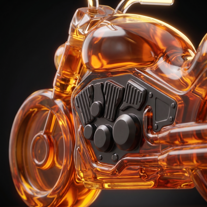 Close-up of the dark metal engine block set into the amber glass body