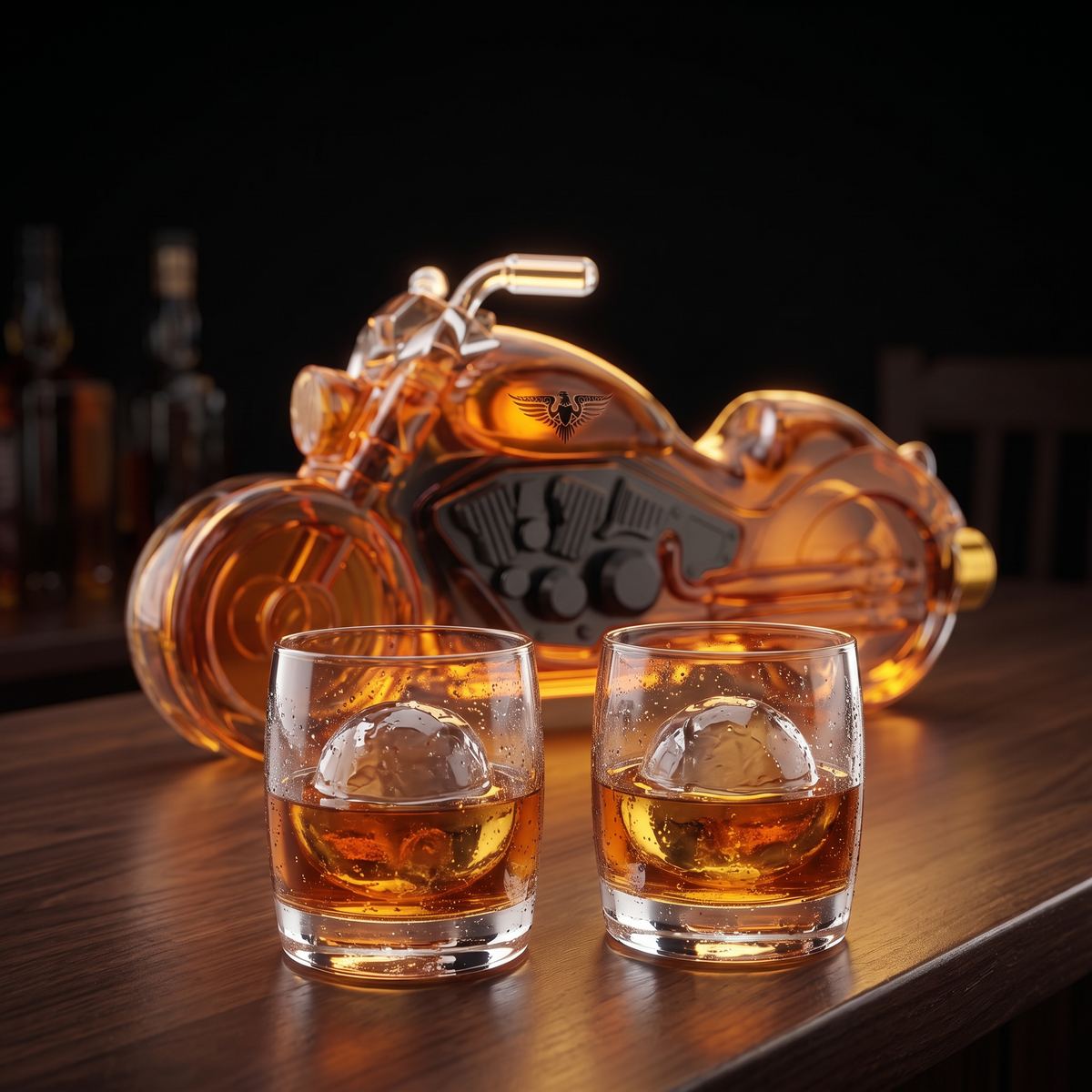 Two whiskey glasses with ice spheres in front of the filled motorcycle decanter