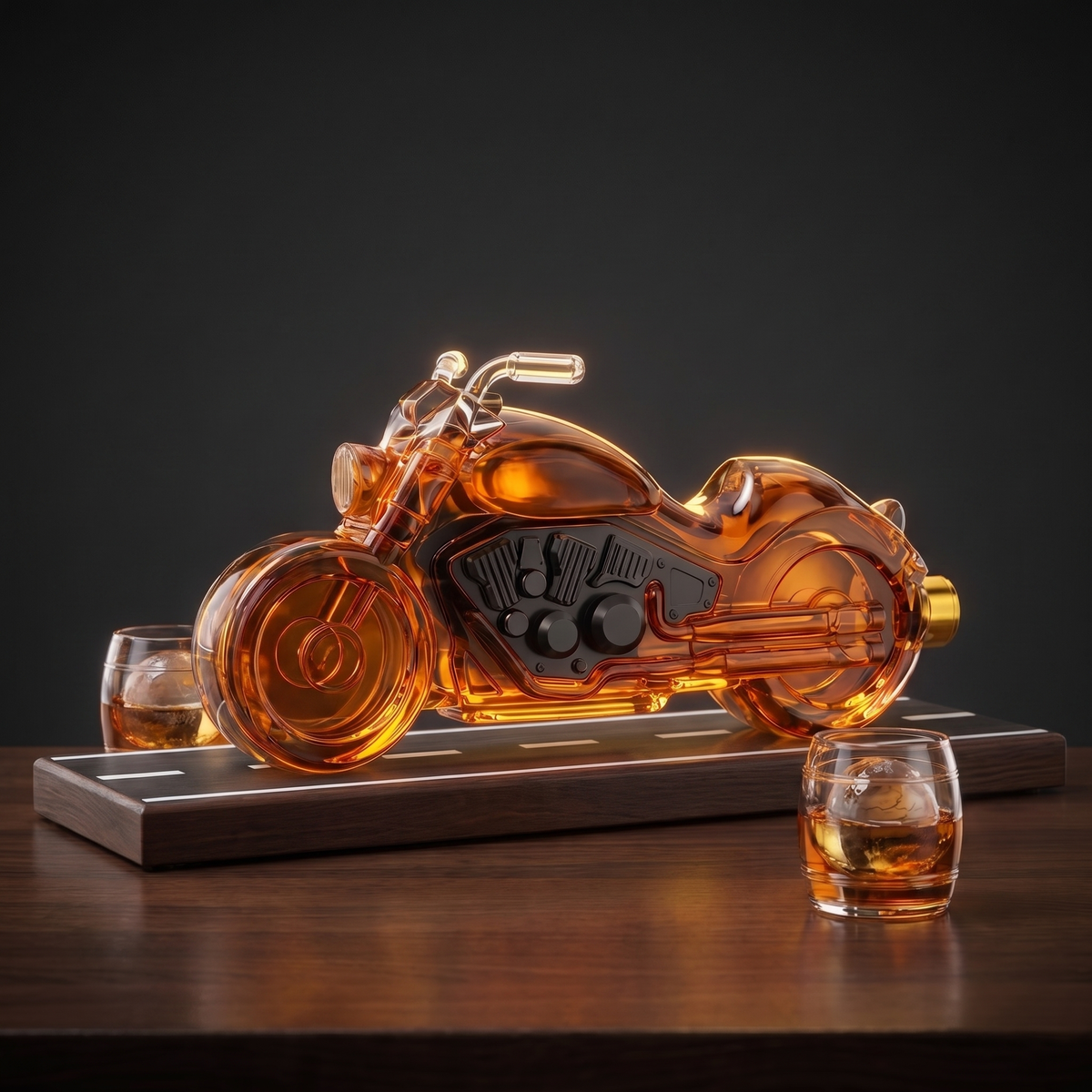 The set: motorcycle decanter on its road-marked wooden stand with two whiskey glasses