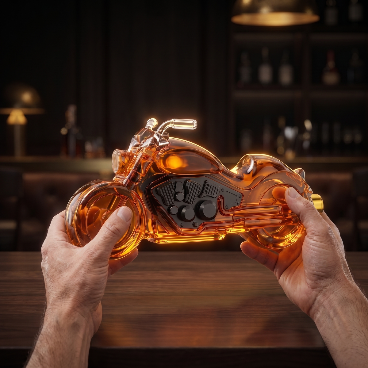 The decanter held in two hands over a bar top, showing its size