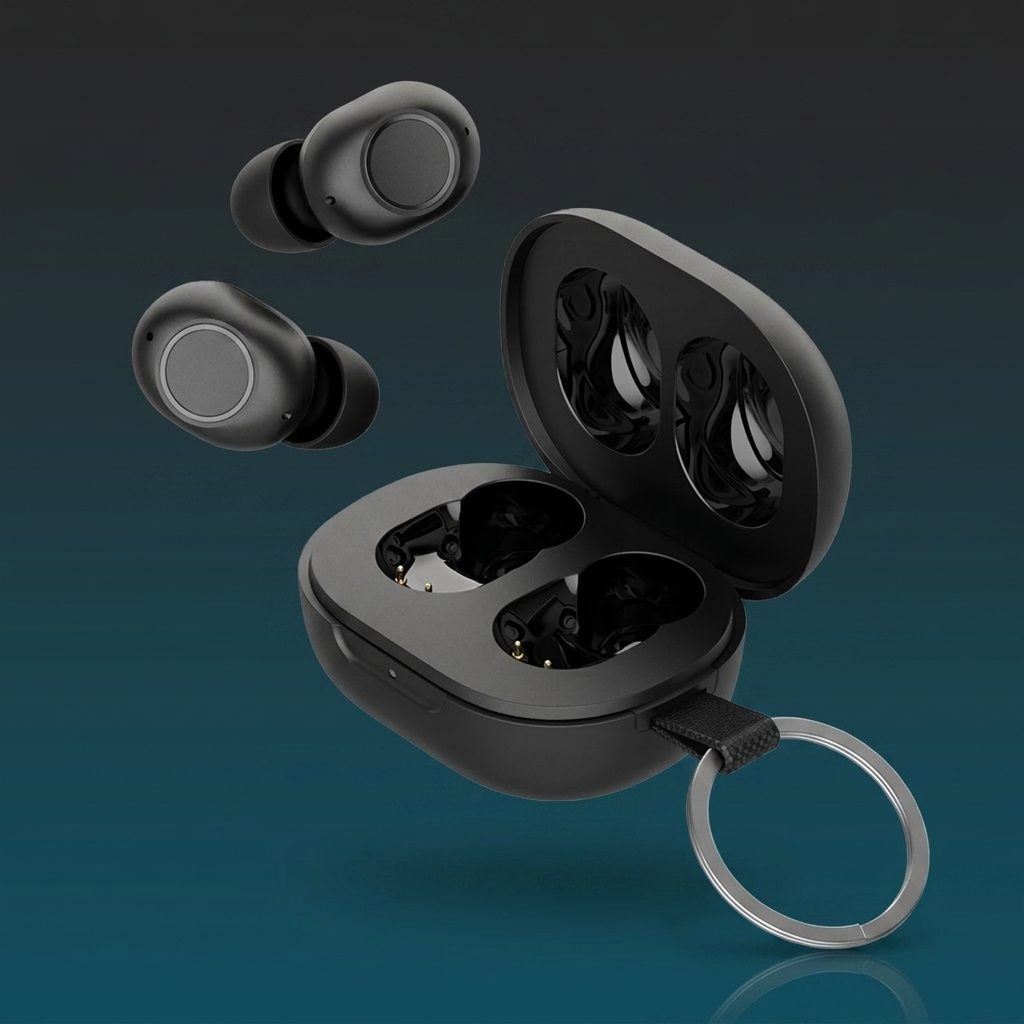 Noxpods matte black wireless earbuds with open charging case and carabiner keyring