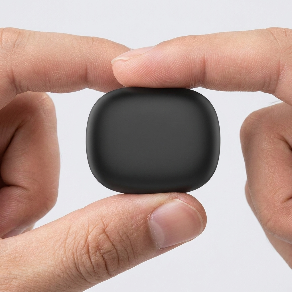 Noxpods charging case held between two fingers showing its compact pocket size