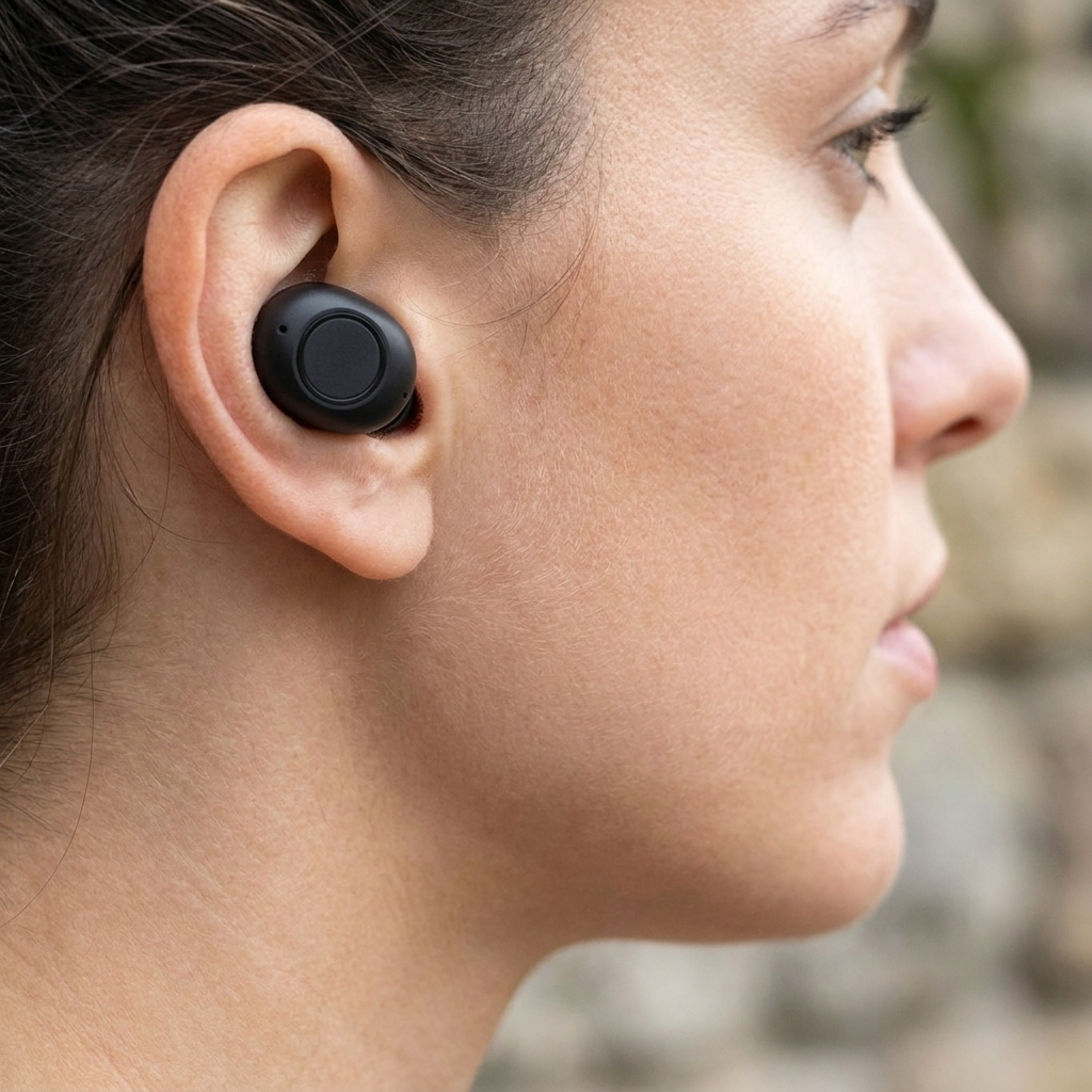 Person wearing a Noxpods earbud, close view of the secure in-ear fit