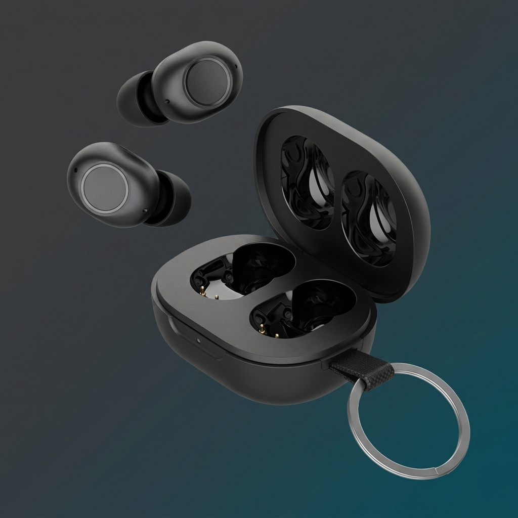 Alternate angle of the Noxpods earbuds and charging case on a dark background