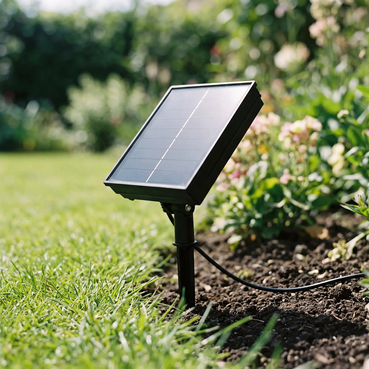 The solar panel on its ground stake in a garden border