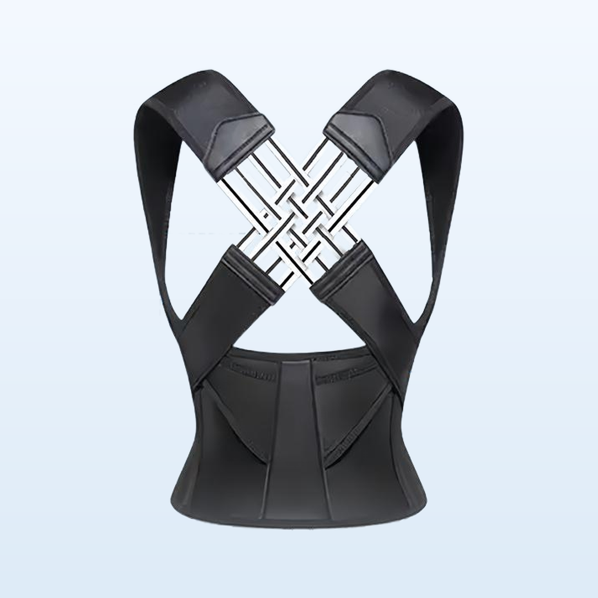 Black posture support brace on its own against a plain pale blue background, showing the padded shoulder straps, white cross-lacing back panel and wide waist band