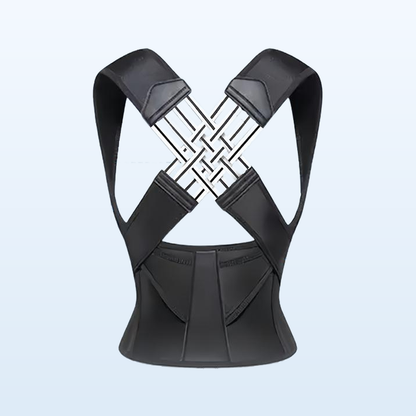 Black posture support brace on its own against a plain pale blue background, showing the padded shoulder straps, white cross-lacing back panel and wide waist band