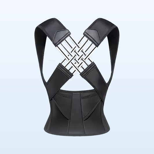 Black posture support brace on its own against a plain pale blue background, showing the padded shoulder straps, white cross-lacing back panel and wide waist band