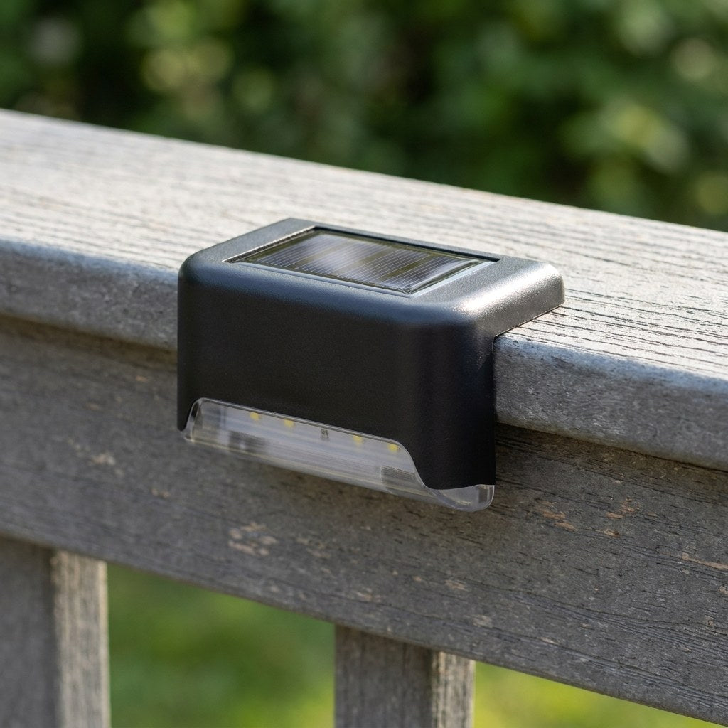 Close up of the solar panel on a matte black deck light mounted to a railing