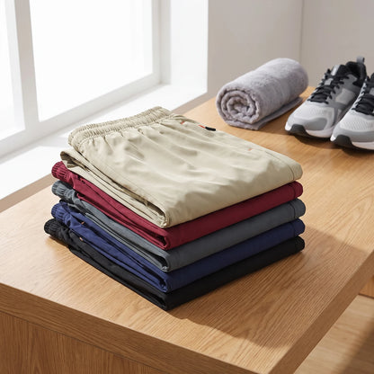 Five pairs of Flex Fit training shorts folded in a stack