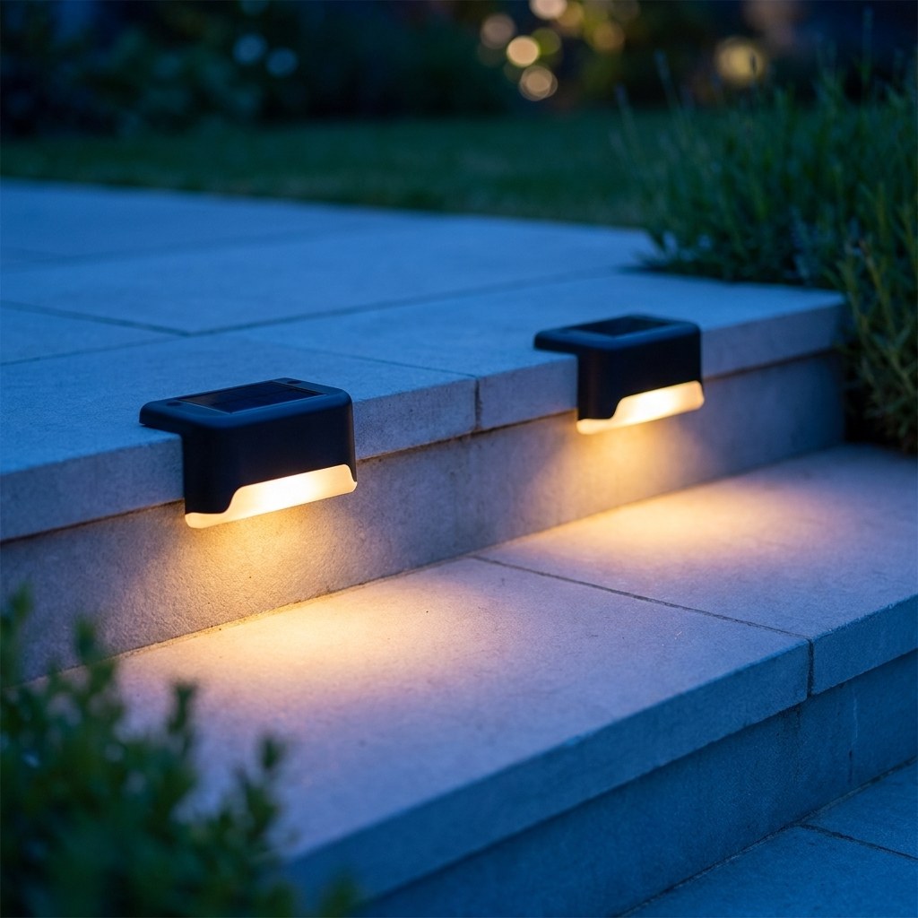 Two solar deck lights lighting stone garden steps after sunset