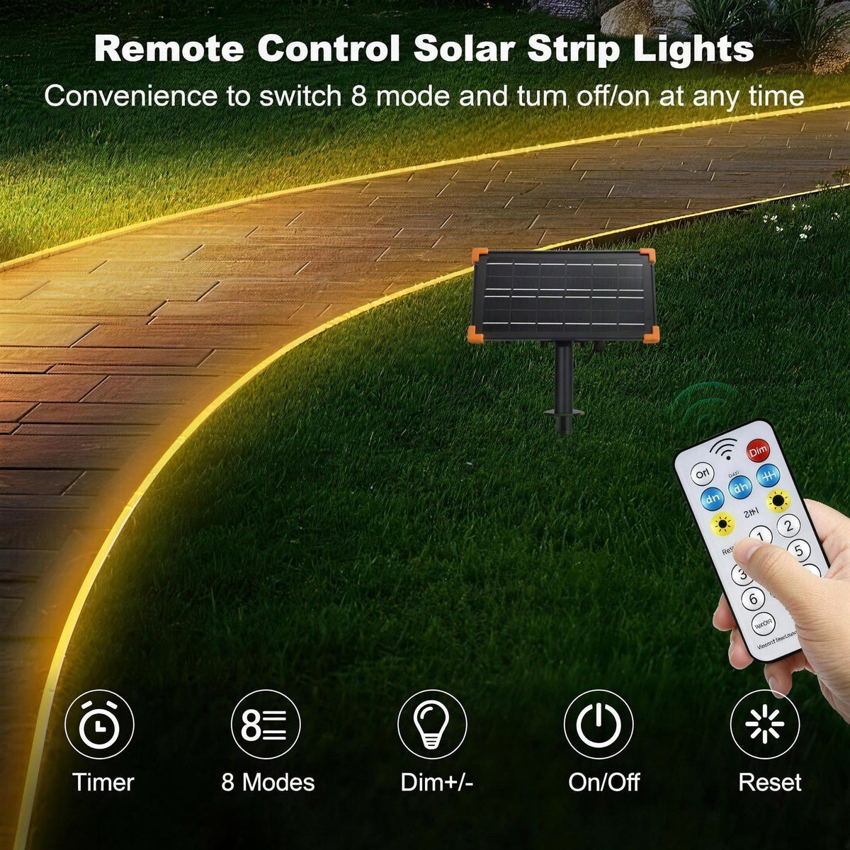 Remote control for the solar strip light showing timer, 8 modes, dimming, on/off and reset