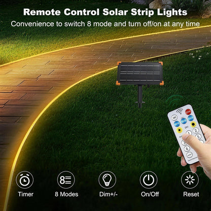 Remote control for the solar strip light showing timer, 8 modes, dimming, on/off and reset