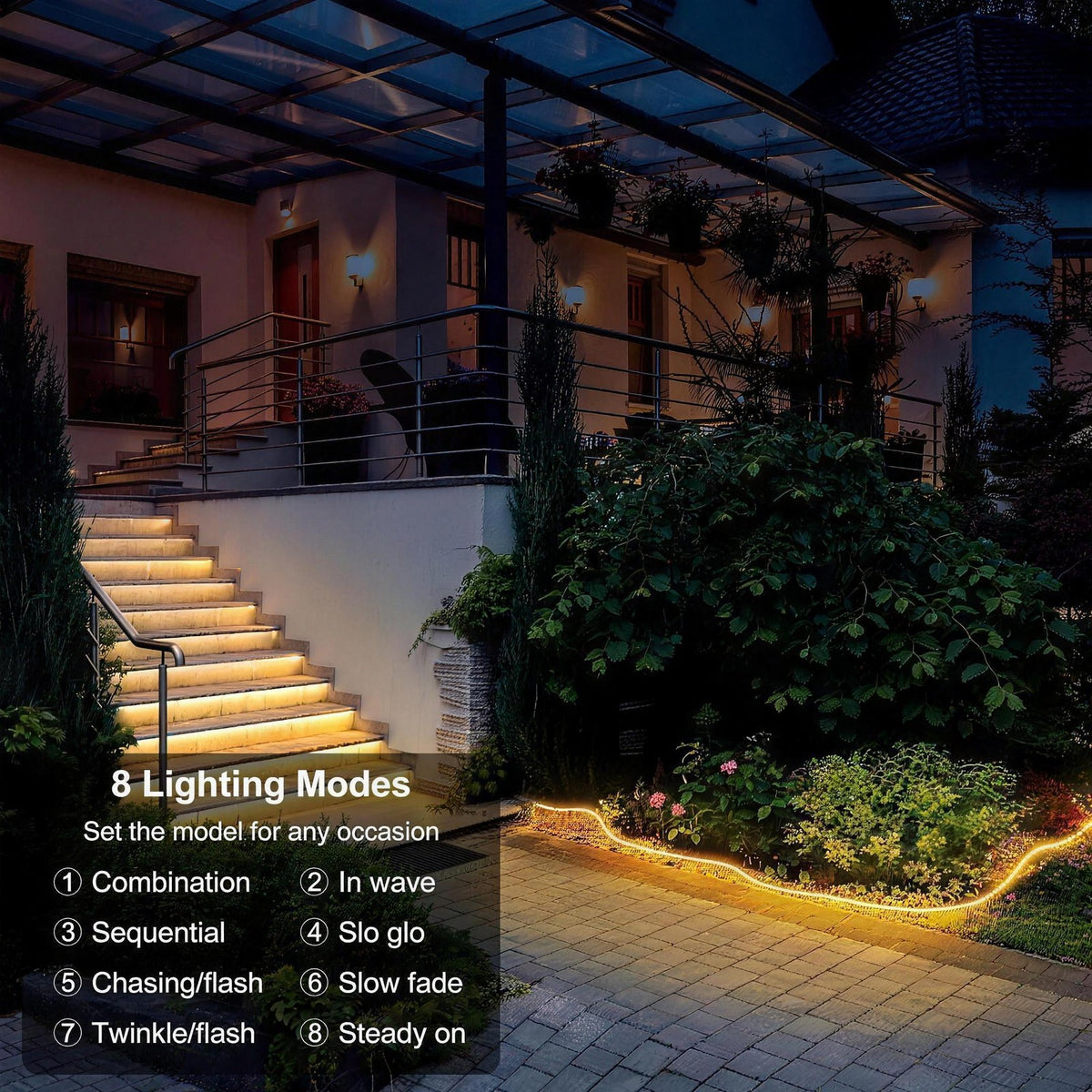 Eight lighting modes listed beside solar strip lights running along garden steps and a flower bed