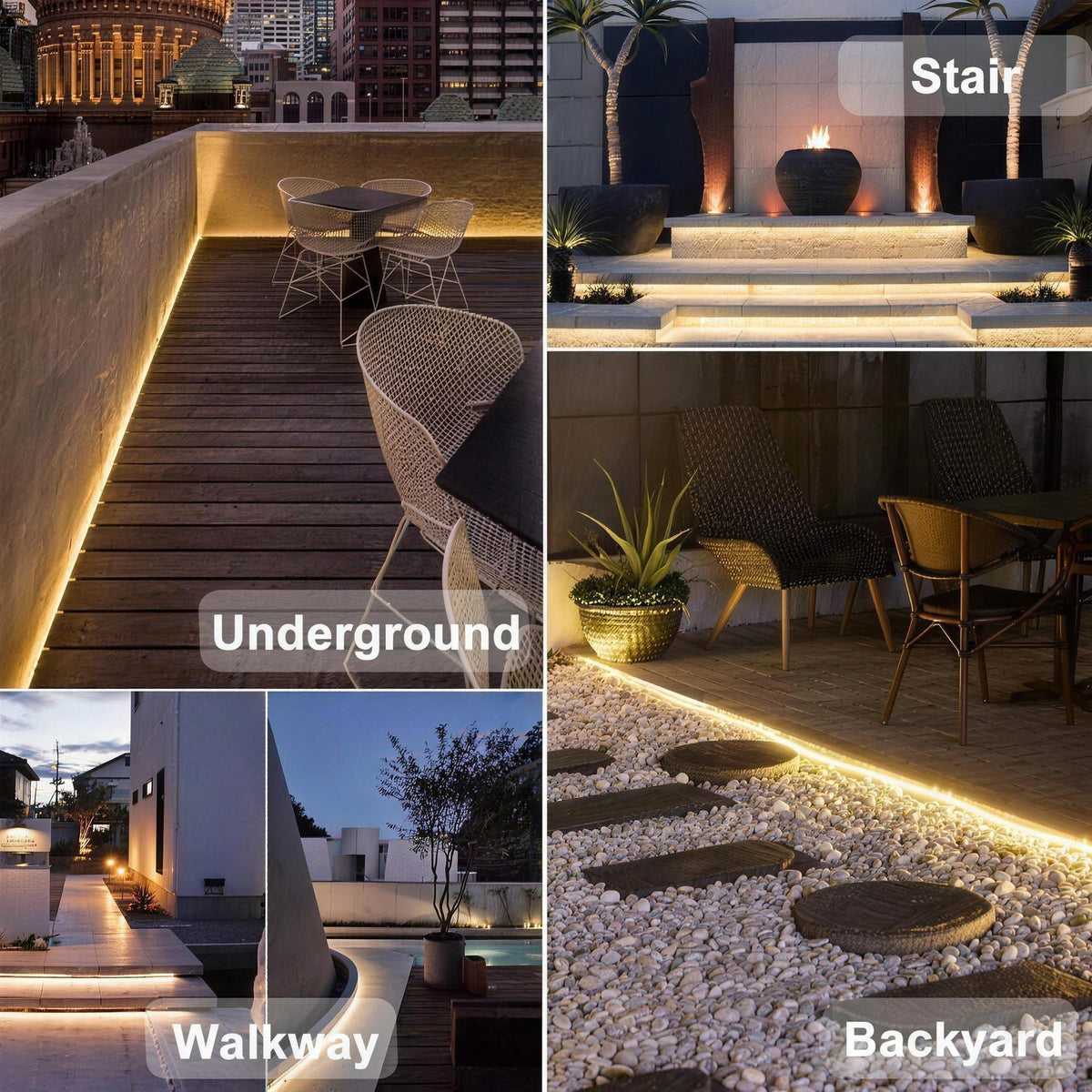 Solar LED strip light installed under a deck edge, along stairs, a walkway and a backyard border at night
