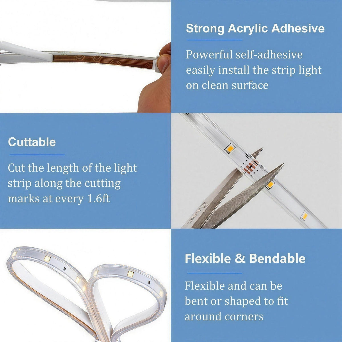 Close-up of the strip light's self-adhesive backing, cutting marks every 1.6ft and flexible bendable body