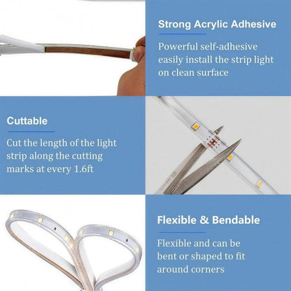 Close-up of the strip light's self-adhesive backing, cutting marks every 1.6ft and flexible bendable body