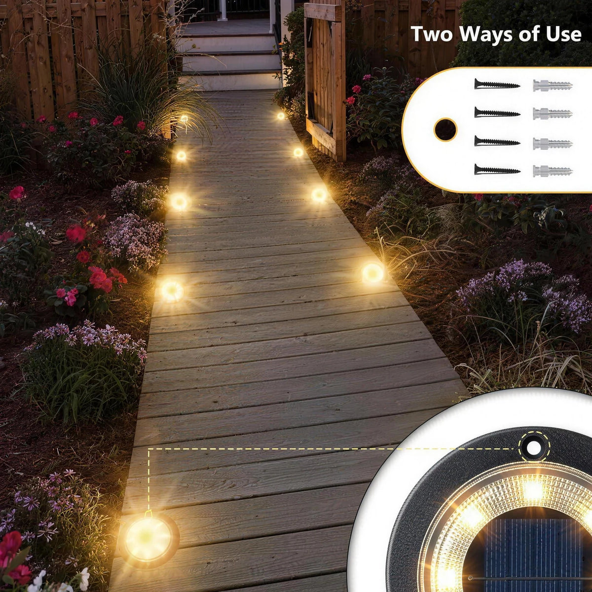 Two ways to fit the light: ground spikes for soil, or four screws and wall plugs for decking