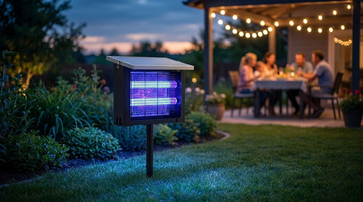 Zapper staked in a garden bed with a lit patio dining area behind