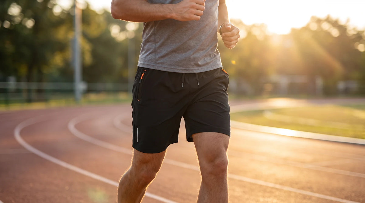 Runner wearing Flex Fit dry-fit training shorts outdoors